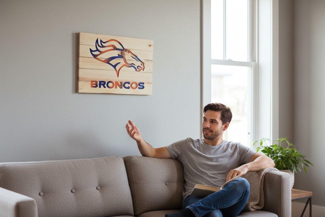 Man sitting on a sofa looking at a TK Wood Designs handcrafted wooden Denver Broncos wall sign in a living room.