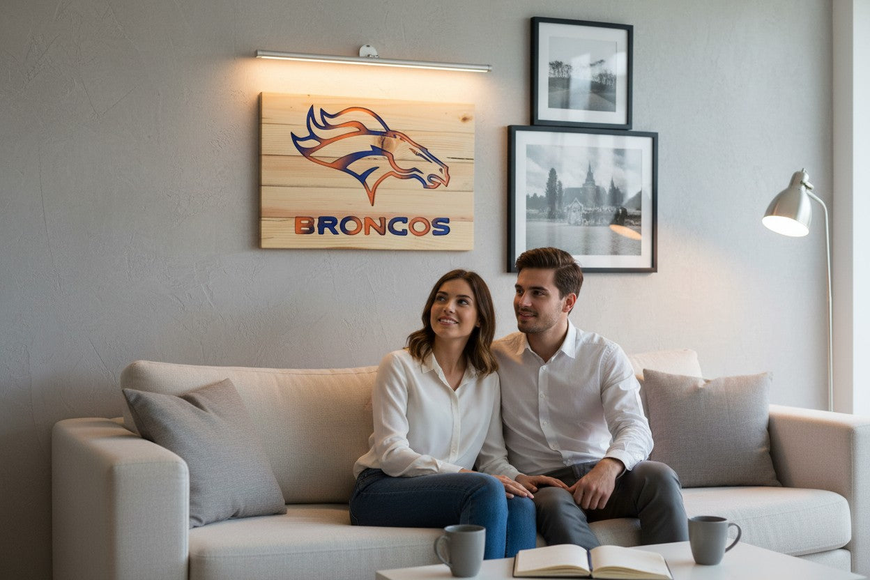 Couple sitting on a sofa under a TK Wood Designs handcrafted wooden Denver Broncos sports team wall sign.