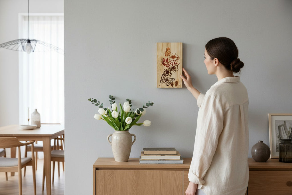 TK Wood Designs natural wood panel with carved butterflies and floral design in warm earthy tones.