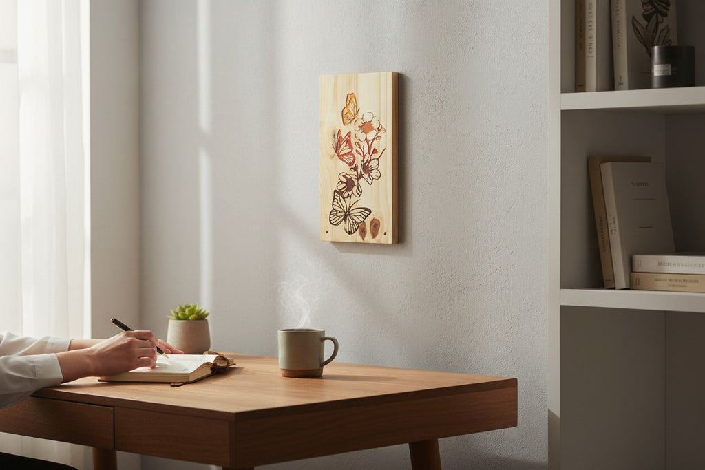 TK Wood Designs natural wood panel with carved butterflies and floral design in warm earthy tones.
