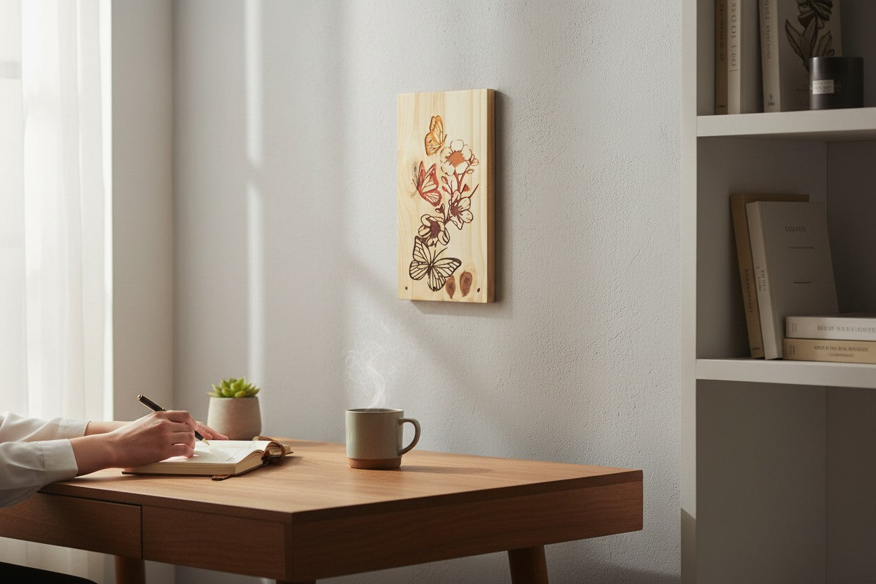 TK Wood Designs natural wood panel with carved butterflies and floral design in warm earthy tones.