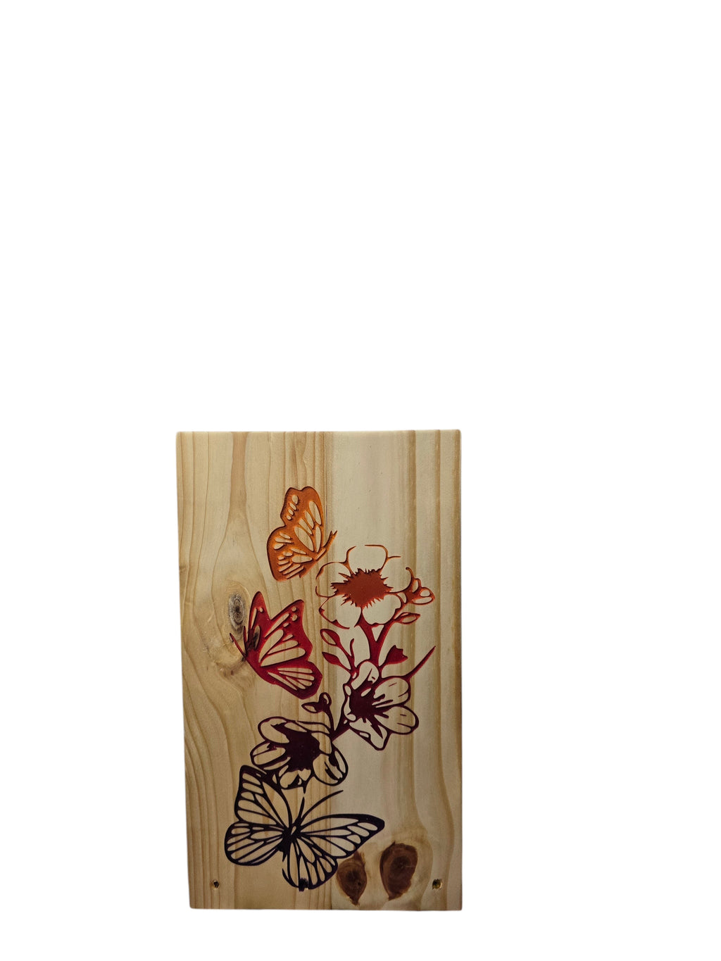 TK Wood Designs wooden art panel with carved butterflies and floral design in warm earthy tones.