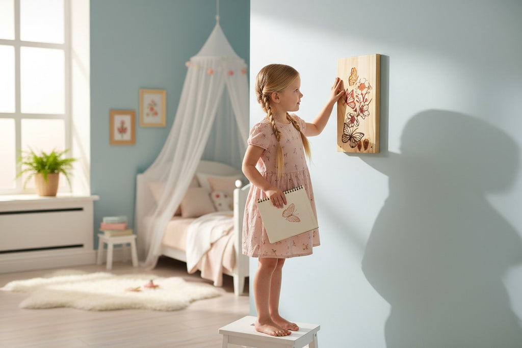 TK Wood Designs natural wood panel with carved butterflies and floral design in warm earthy tones.
