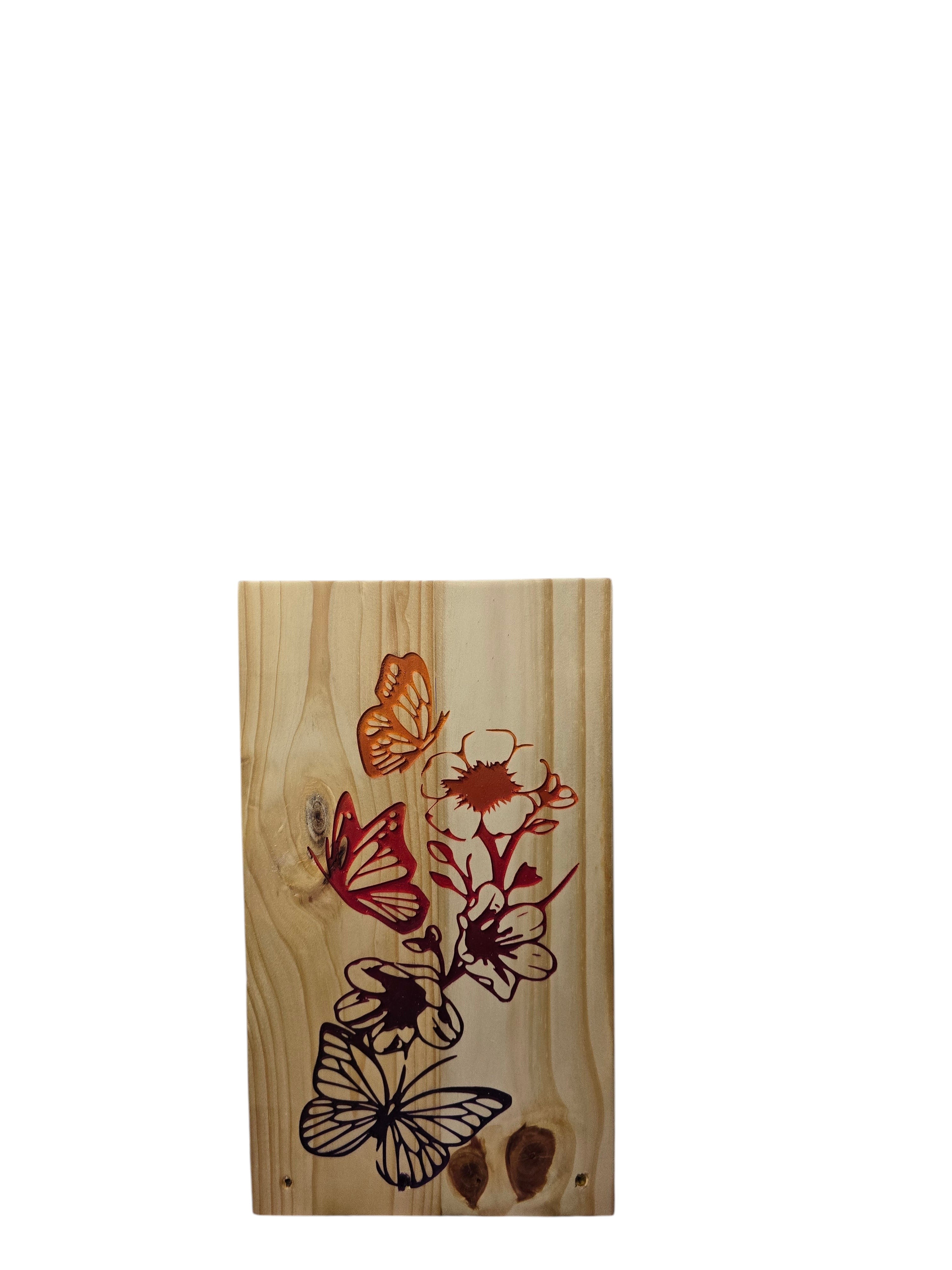 TK Wood Designs natural wood panel with carved butterflies and floral design in warm earthy tones.