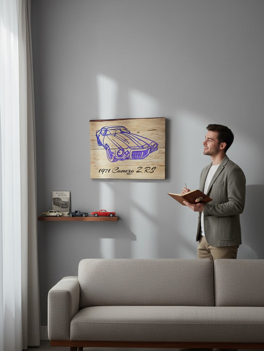 TK Wood Designs live-edge wooden wall art featuring a purple 1971 Camaro Z/RS engraving hanging in a modern living room.
