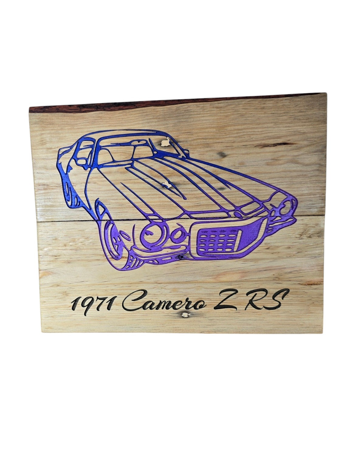 TK Wood Designs handcrafted live-edge wooden wall art featuring a purple engraved 1971 Camaro Z/RS muscle car