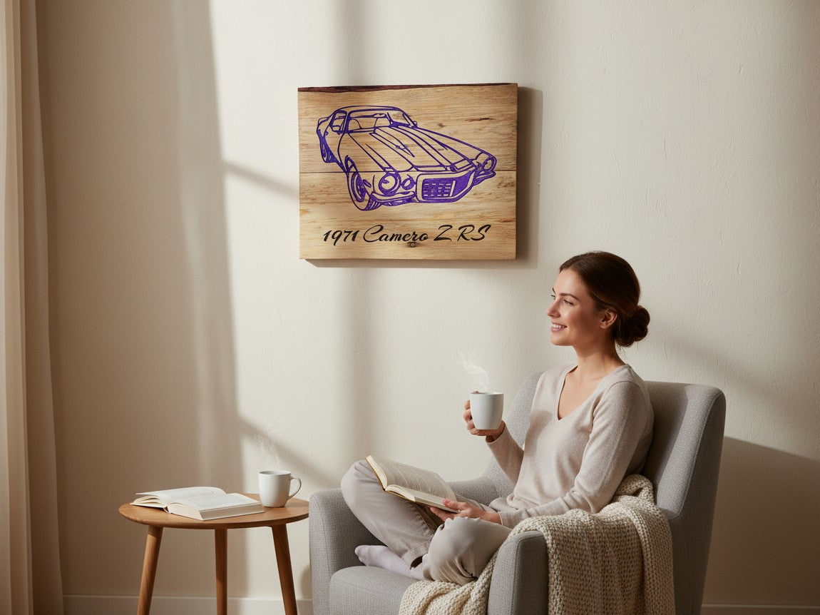 TK Wood Designs handcrafted live-edge wooden wall art featuring a purple 1971 Camaro Z/RS engraving above a woman