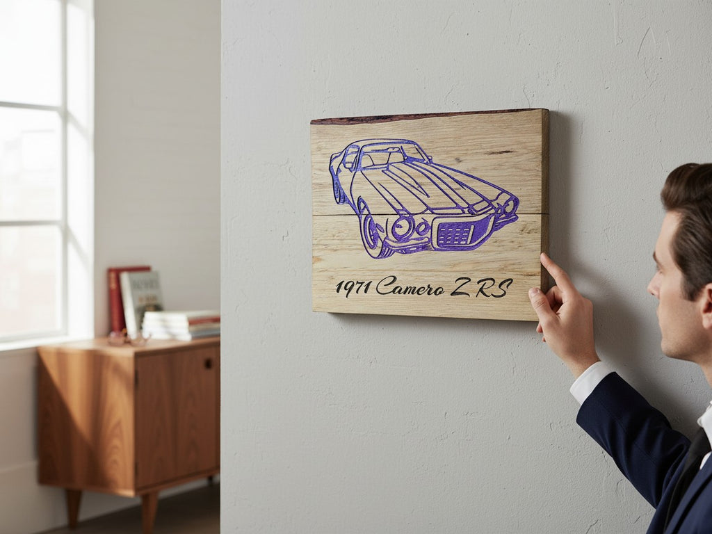 TK Wood Designs handcrafted live-edge wooden wall art featuring a purple engraved 1971 Camaro Z/RS muscle car design.