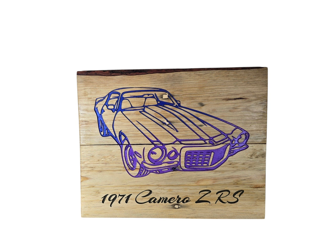 TK Wood Designs handcrafted live-edge wooden wall art featuring a purple engraved 1971 Camaro Z/RS muscle car.