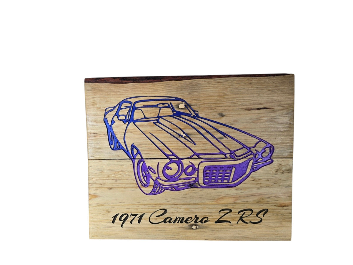 TK Wood Designs handcrafted live-edge wooden wall art featuring a purple engraved 1971 Camaro Z/RS muscle car.