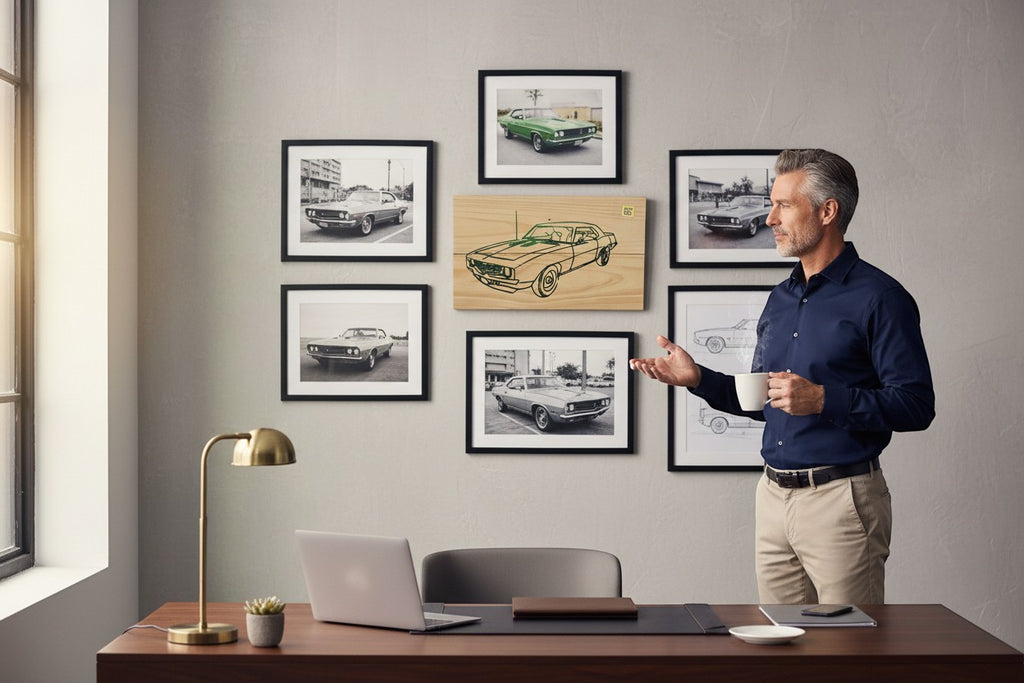 TK Wood Designs Camero green car illustration on salvaged wood sign