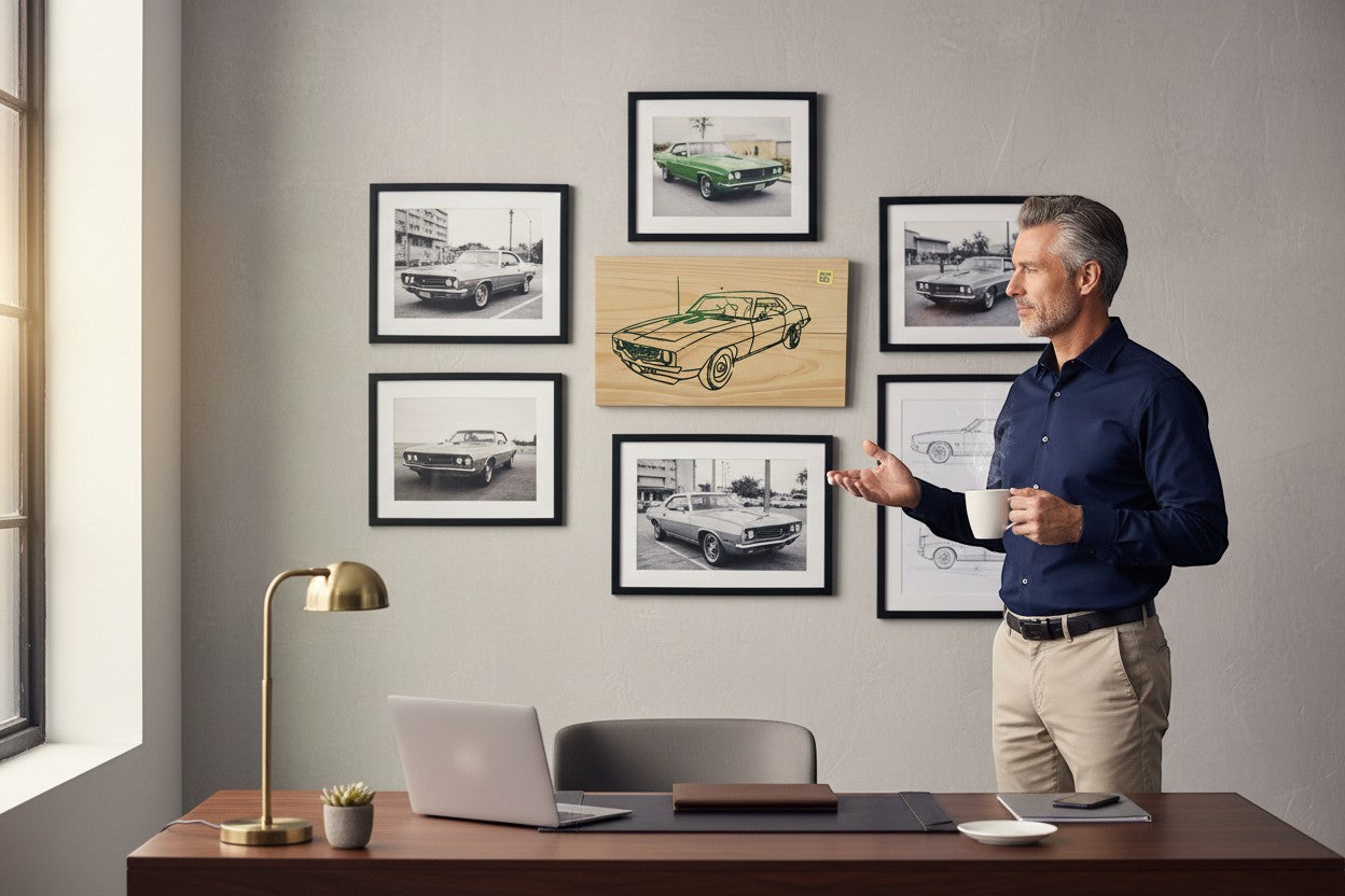 TK Wood Designs Camero green car illustration on salvaged wood sign