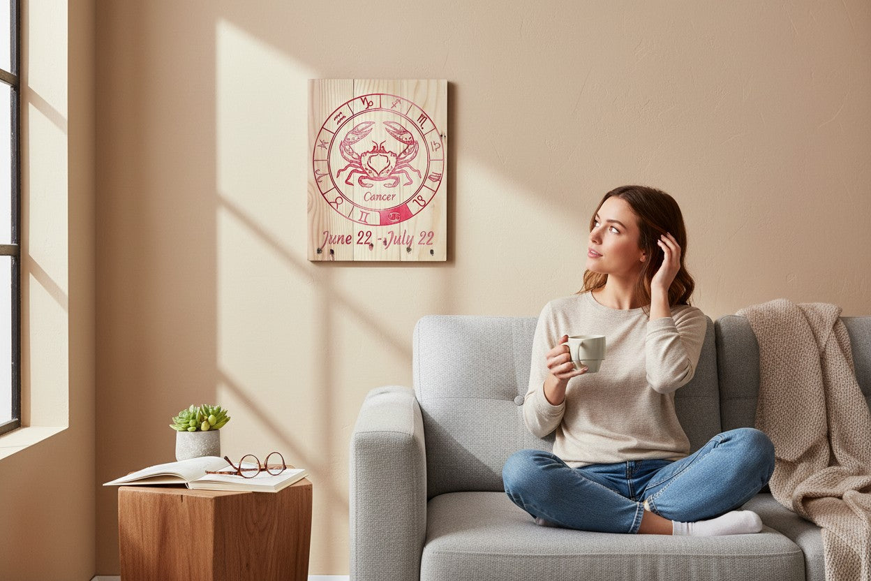 TK Wood Designs Cancer zodiac wall art with red crab engraving hanging above a woman sitting on a grey sofa.
