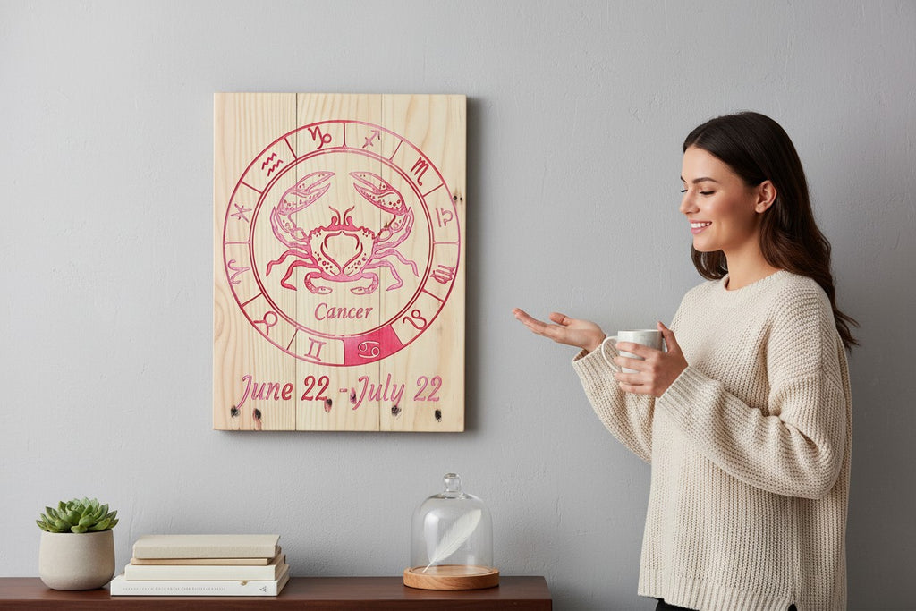 TK Wood Designs Cancer zodiac sign engraved on natural wood wall art with red crab symbol and dates on a grey wall.