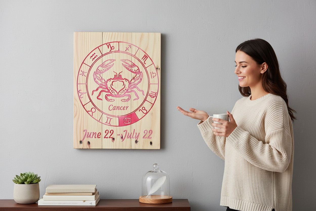 TK Wood Designs Cancer zodiac sign engraved on natural wood wall art with red crab symbol and dates on a grey wall.