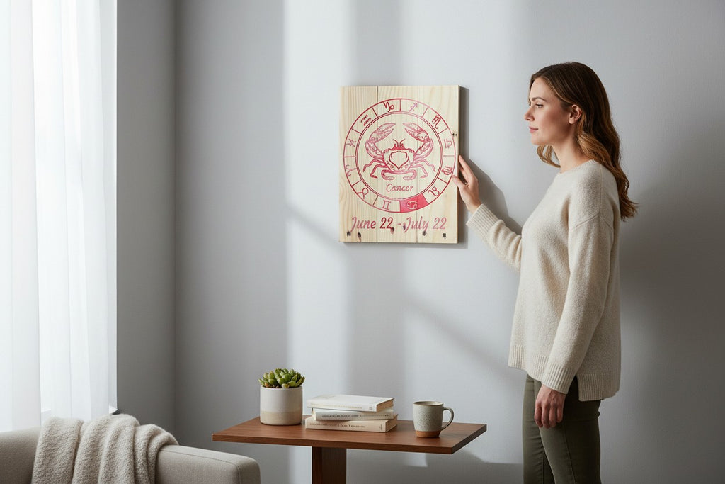 TK Wood Designs Cancer zodiac sign engraved wooden wall art with red crab symbol on a light wood grain background.