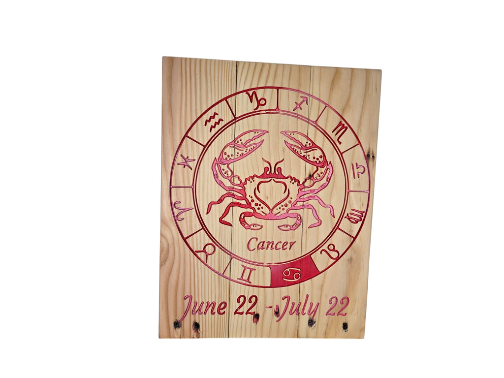 TK Wood Designs Cancer zodiac sign engraved wooden wall art with red crab symbol and dates on natural pine wood.