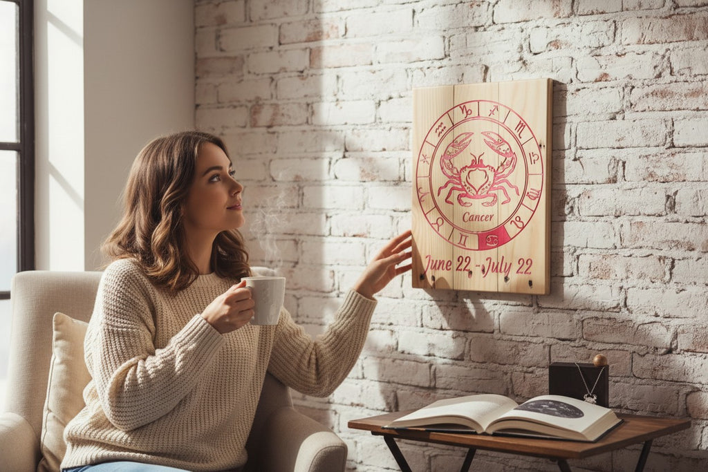 Woman in a cozy sweater admiring TK Wood Designs Cancer zodiac sign engraved wooden wall art on a brick wall.