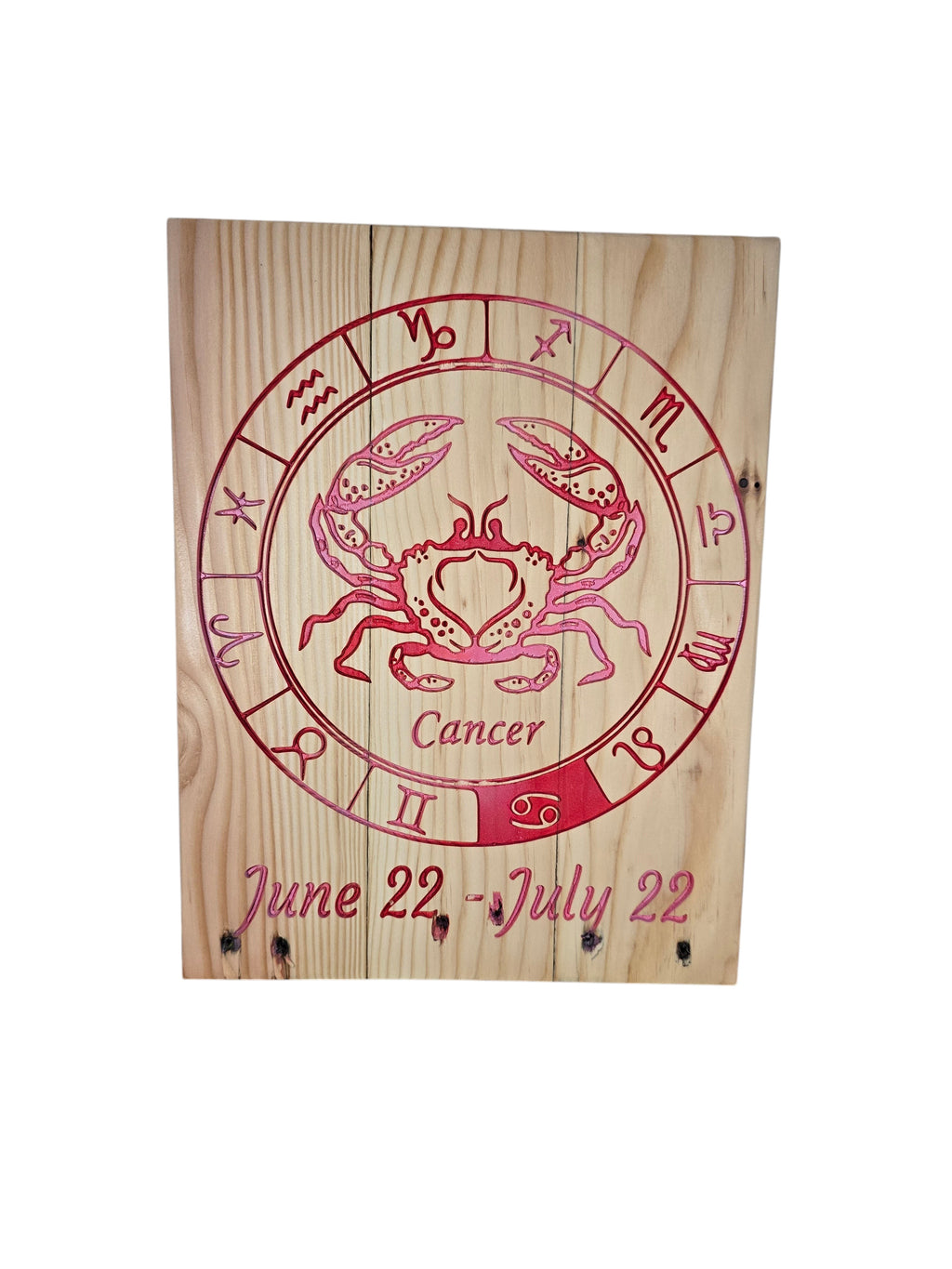 TK Wood Designs Cancer zodiac sign wall art with red engraved crab symbol and dates on natural wood grain plaque.