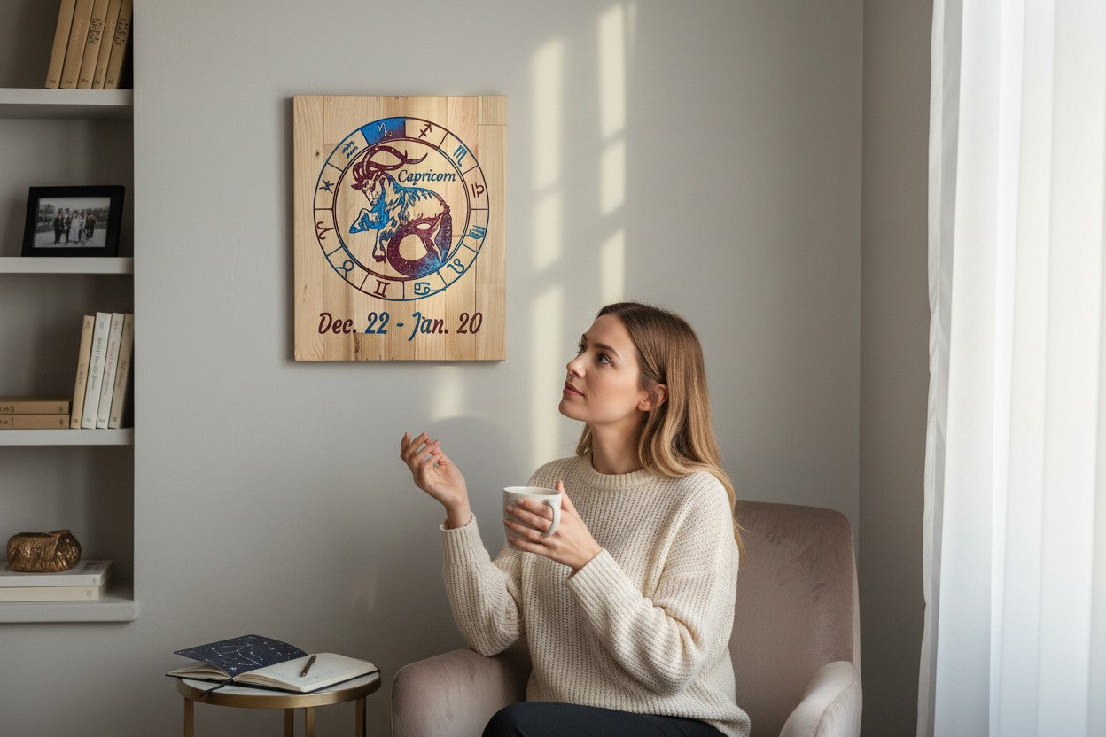 TK Wood Designs Capricorn zodiac sign engraved wooden wall art hanging on a wall above a woman in a cozy living room.