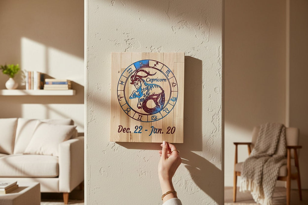 TK Wood Designs Capricorn zodiac sign wall art featuring a sea-goat engraving on natural wood with blue and purple ink.