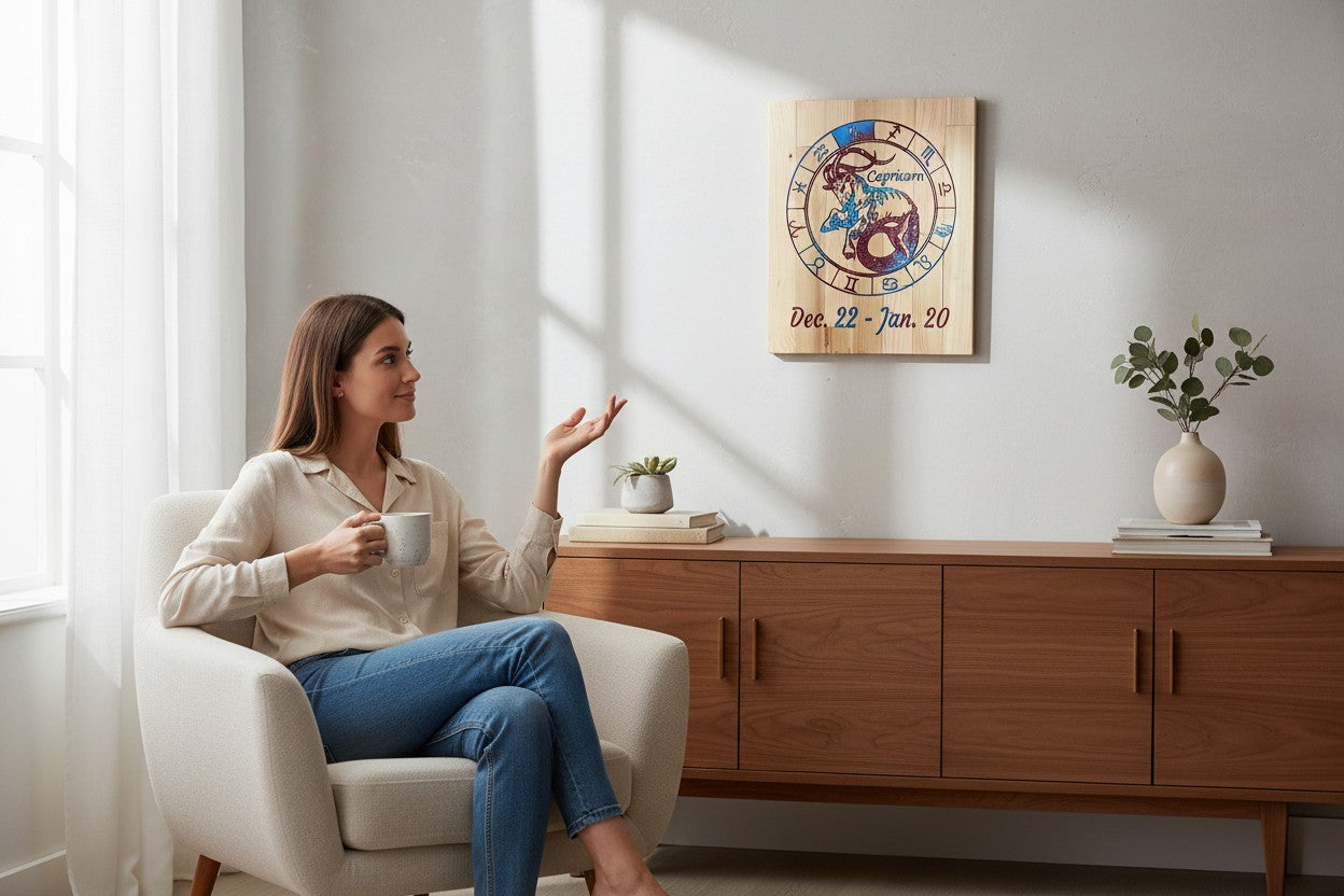 TK Wood Designs Capricorn zodiac wall art with blue and purple engraved sea-goat design hanging in a modern living room