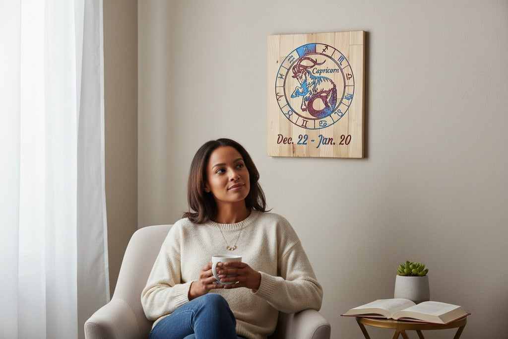 Woman sitting in a chair next to a TK Wood Designs Capricorn zodiac sign engraved wooden wall art piece.