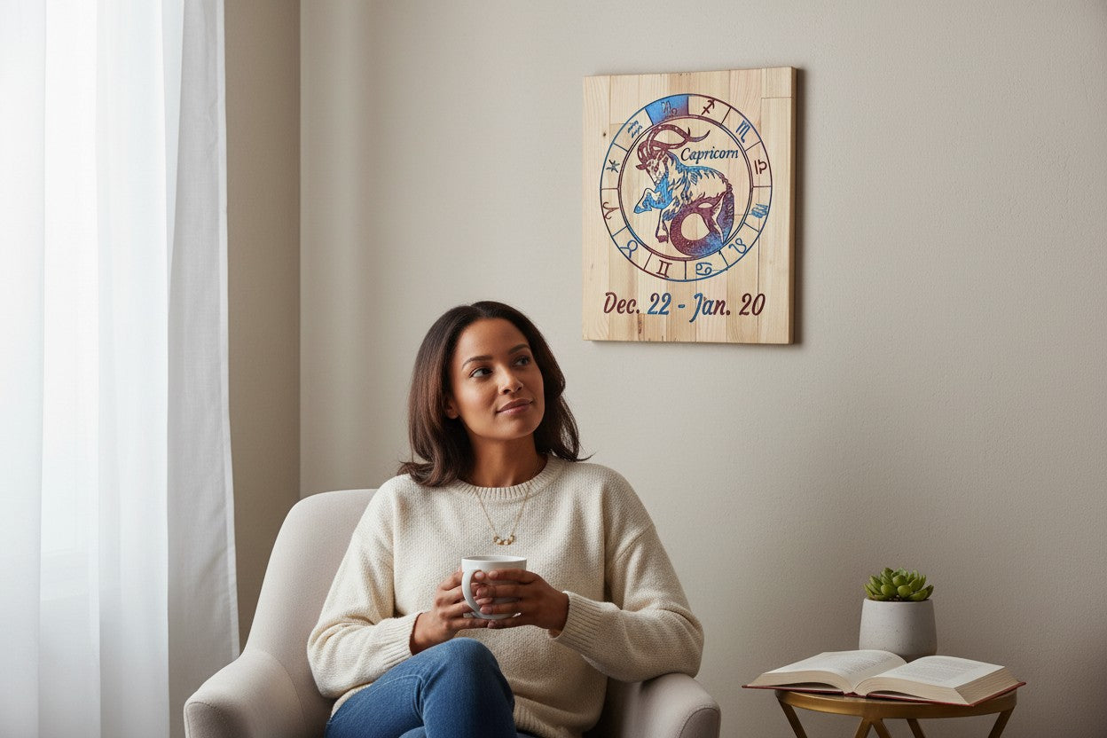 Woman sitting in a chair next to a TK Wood Designs Capricorn zodiac sign engraved wooden wall art piece.