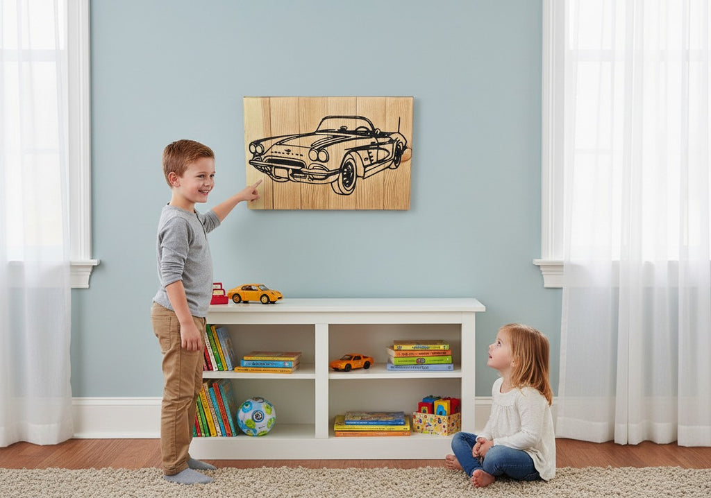 TK Wood Designs reclaimed wood sign featuring a carved classic convertible car with a black outline on a natural wood background.