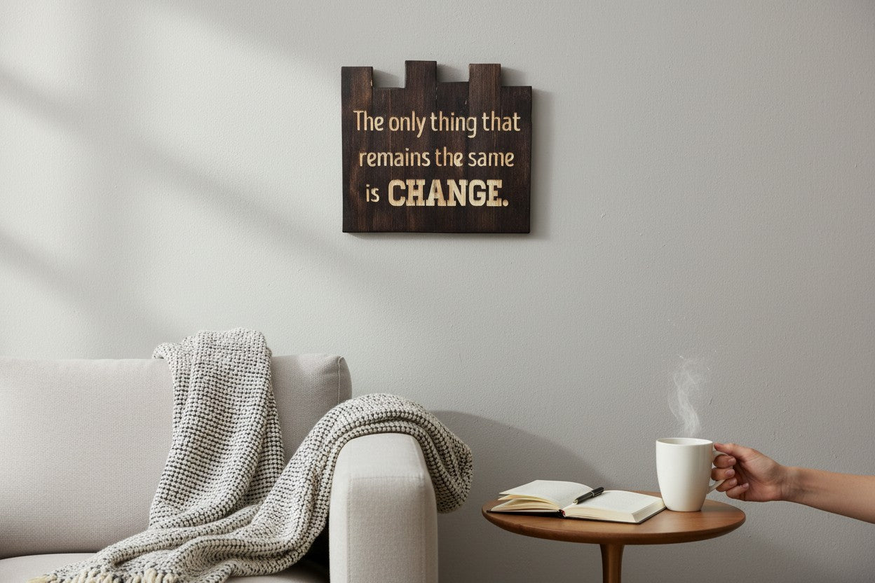 TK Wood Designs dark wood sign with carved text: "The only thing that remains the same is CHANGE."
