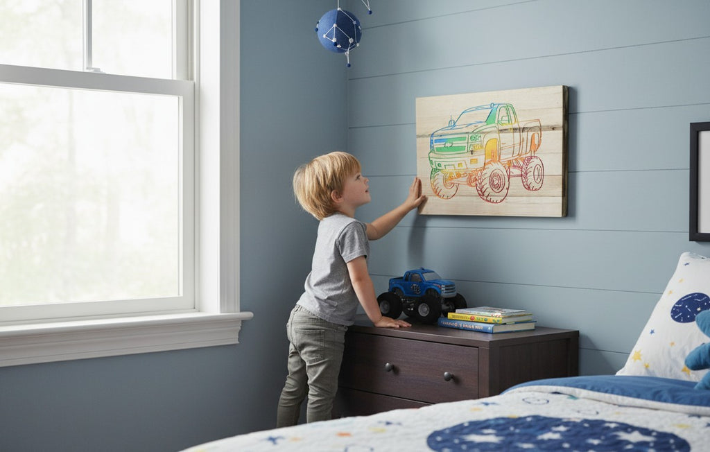TK Wood Designs carved wooden sign featuring a lifted Chevy pickup truck silhouette with rainbow gradient.