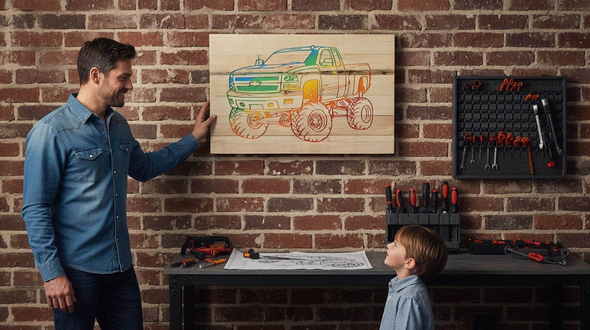 TK Wood Designs carved wooden sign featuring a rainbow-colored Chevy pickup truck with large tires.