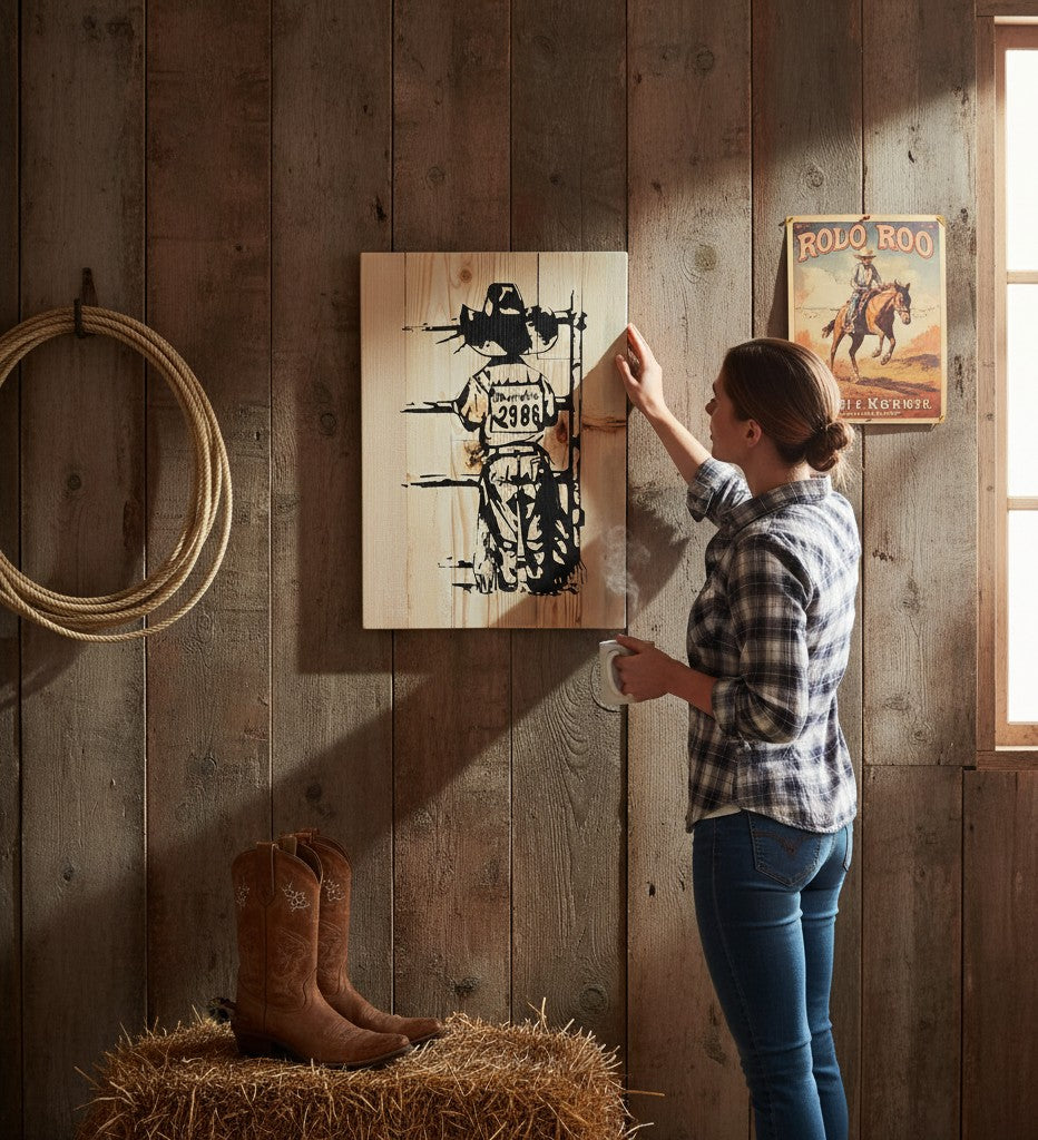 TK Wood Designs child cowboy wooden sign with black stencil art of a child in a cowboy hat and shirt with 'Wrangler 2986' on the back.