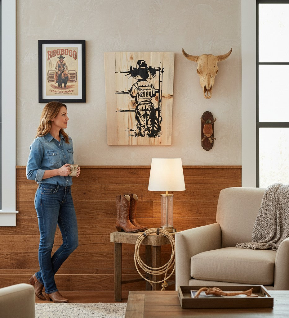 TK Wood Designs child cowboy wooden sign with black stencil art of a child in a cowboy hat and western wear.