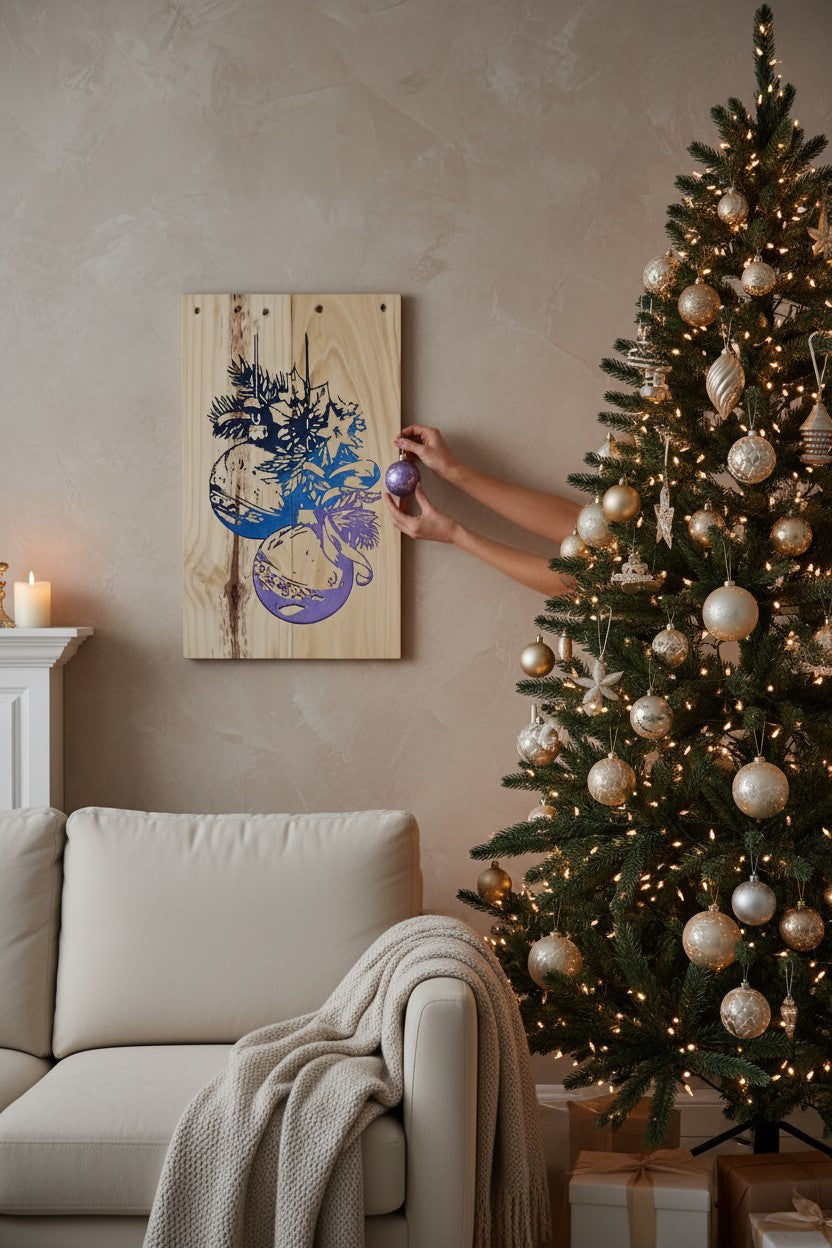TK Wood Designs rustic Christmas Ball sign featuring blue and purple ornaments with pine sprigs on salvaged wood.