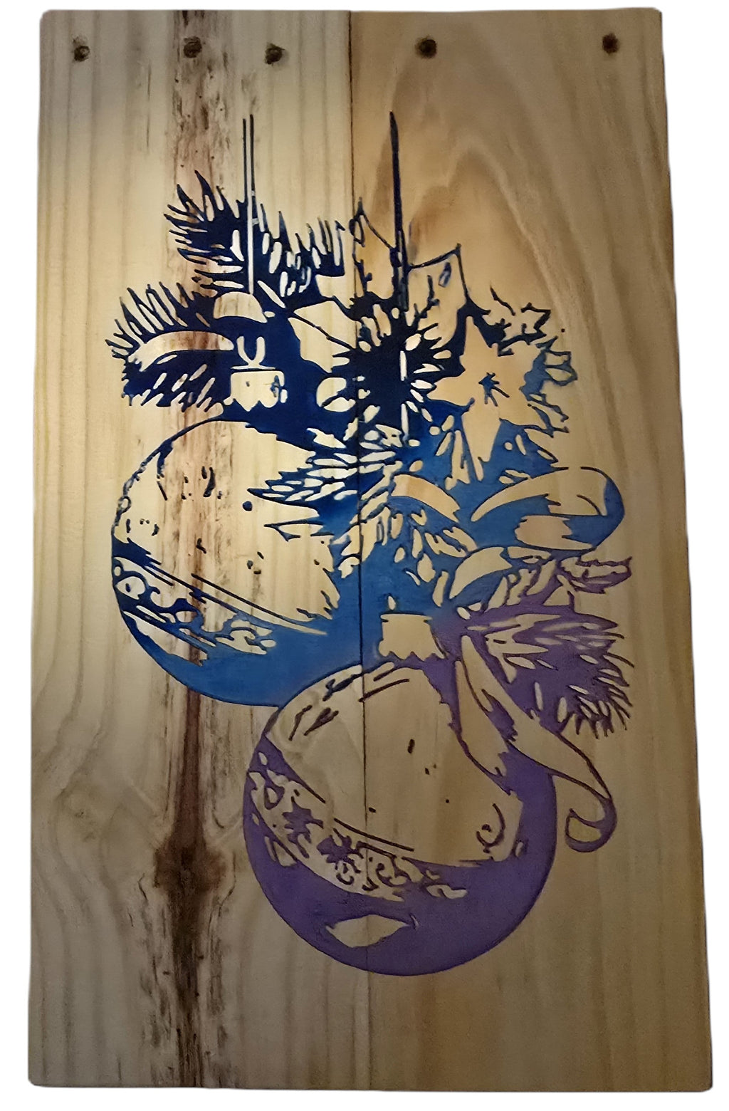 TK Wood Designs rustic Christmas ball sign on salvaged wood with blue and purple painted design.