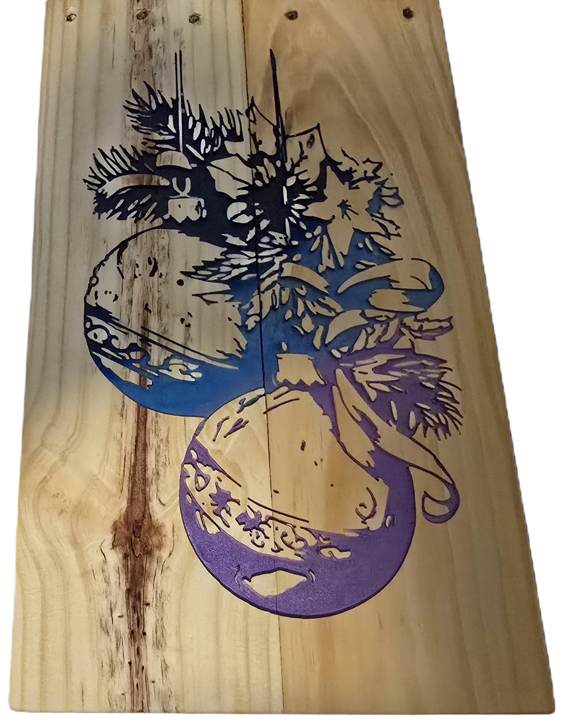 TK Wood Designs rustic Christmas Ball sign with blue and purple ornaments and pine sprigs on natural wood.