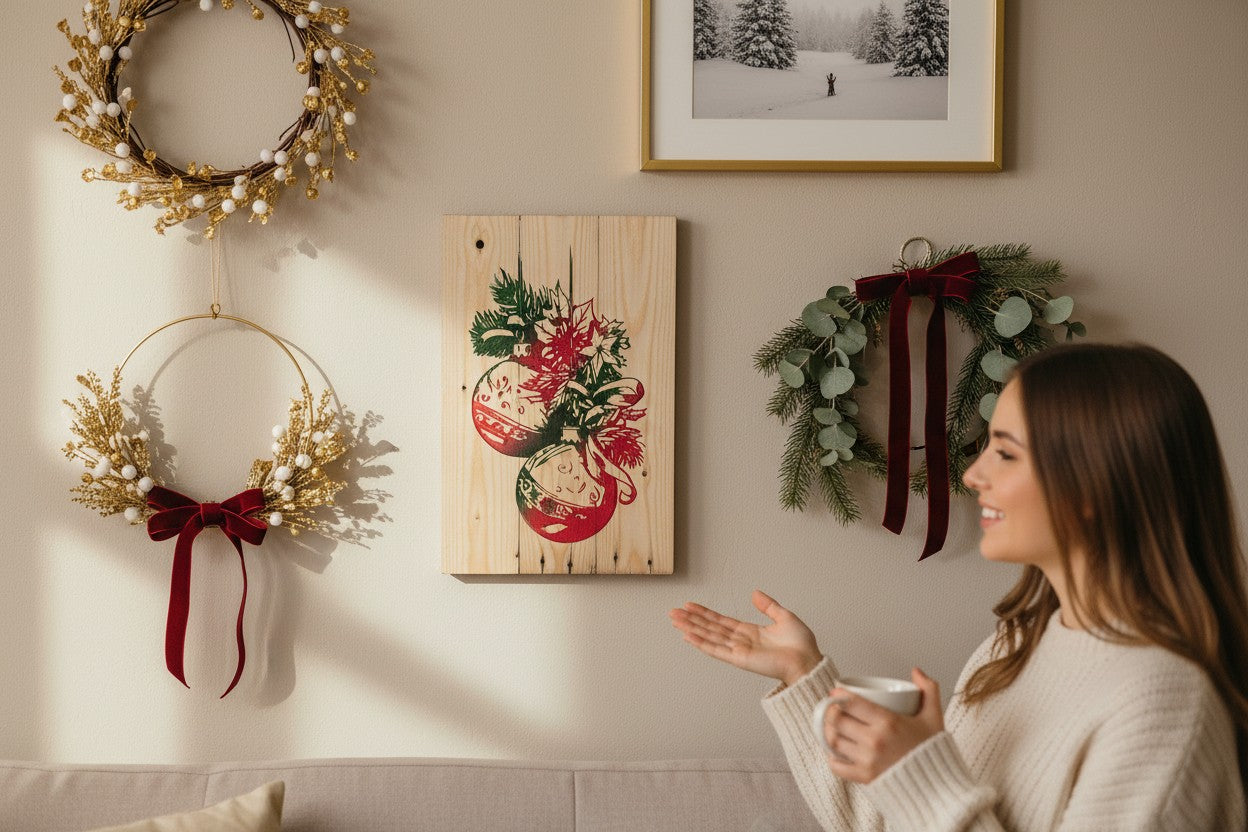 TK Wood Designs rustic wood wall plaque featuring red and green Christmas ornaments, displayed in a cozy living room.