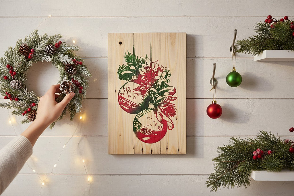 TK Wood Designs rustic wood wall plaque featuring red and green Christmas ornament artwork on a white shiplap wall.