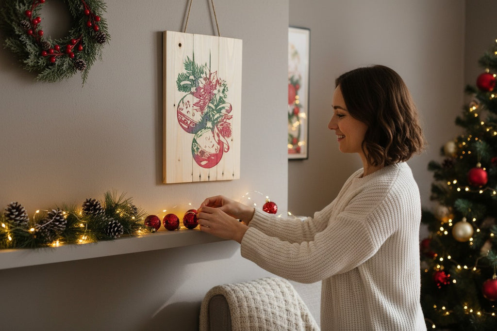 Woman decorating a mantel next to a TK Wood Designs rustic wood plaque featuring Christmas ornament illustrations.