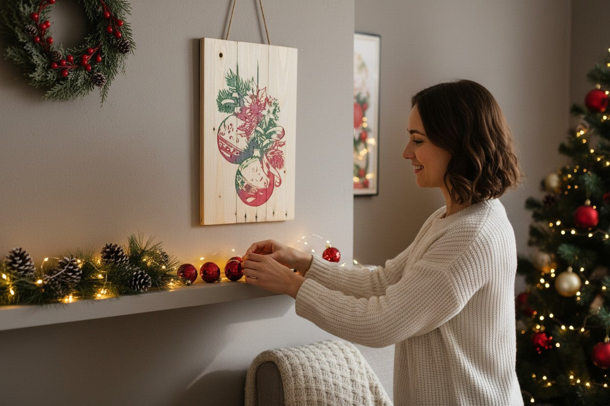 Woman decorating a mantel next to a TK Wood Designs rustic wood plaque featuring Christmas ornament illustrations.