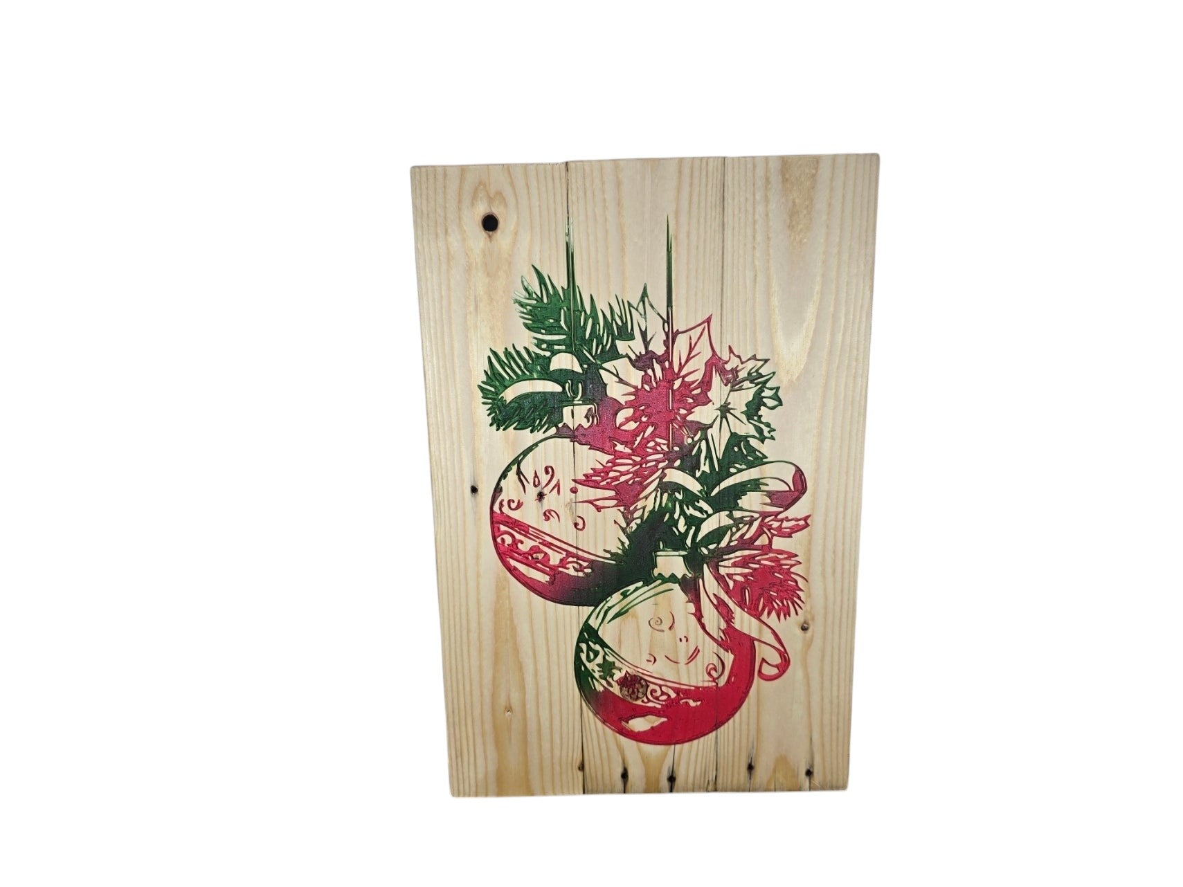 TK Wood Designs rustic wood wall plaque featuring vibrant red and green Christmas ornament and poinsettia illustration.