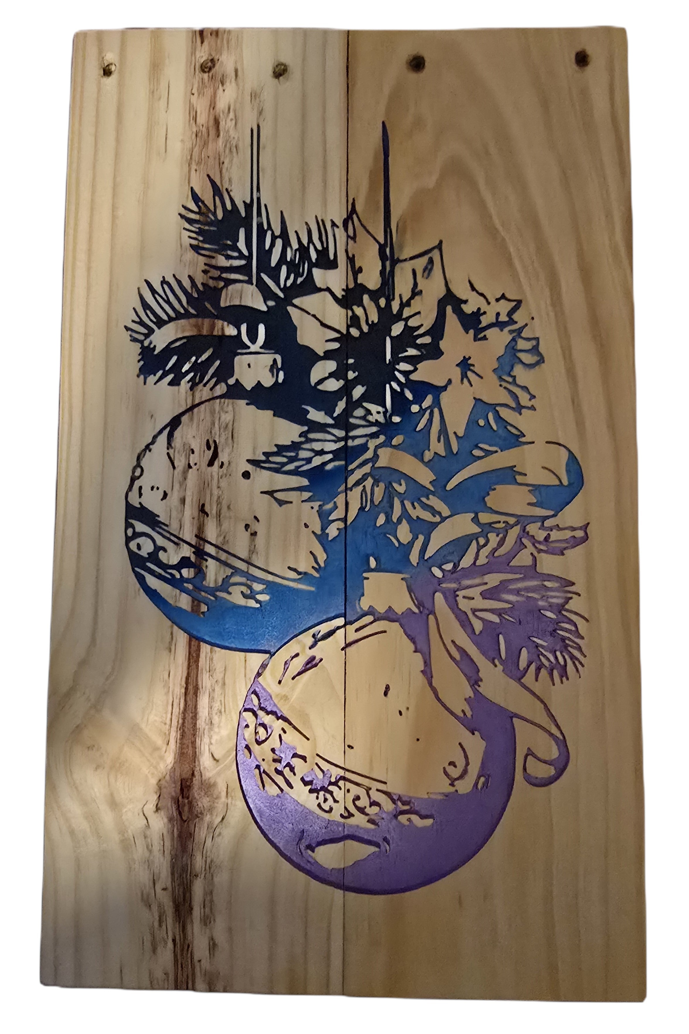 TK Wood Designs rustic Christmas sign with blue and purple ornaments and pine branches on natural wood.