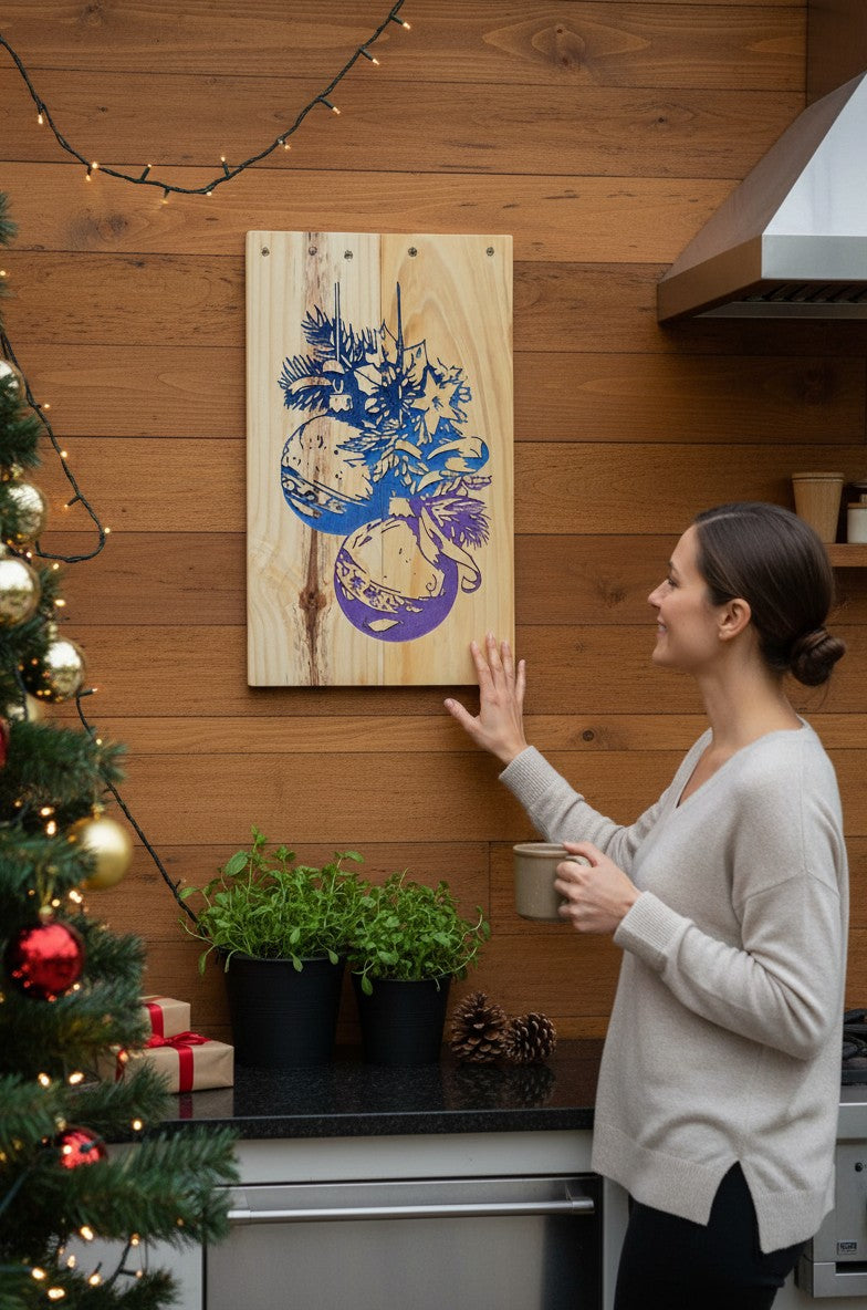 TK Wood Designs rustic Christmas Ball sign with blue and purple ornaments and pine branches on natural wood.