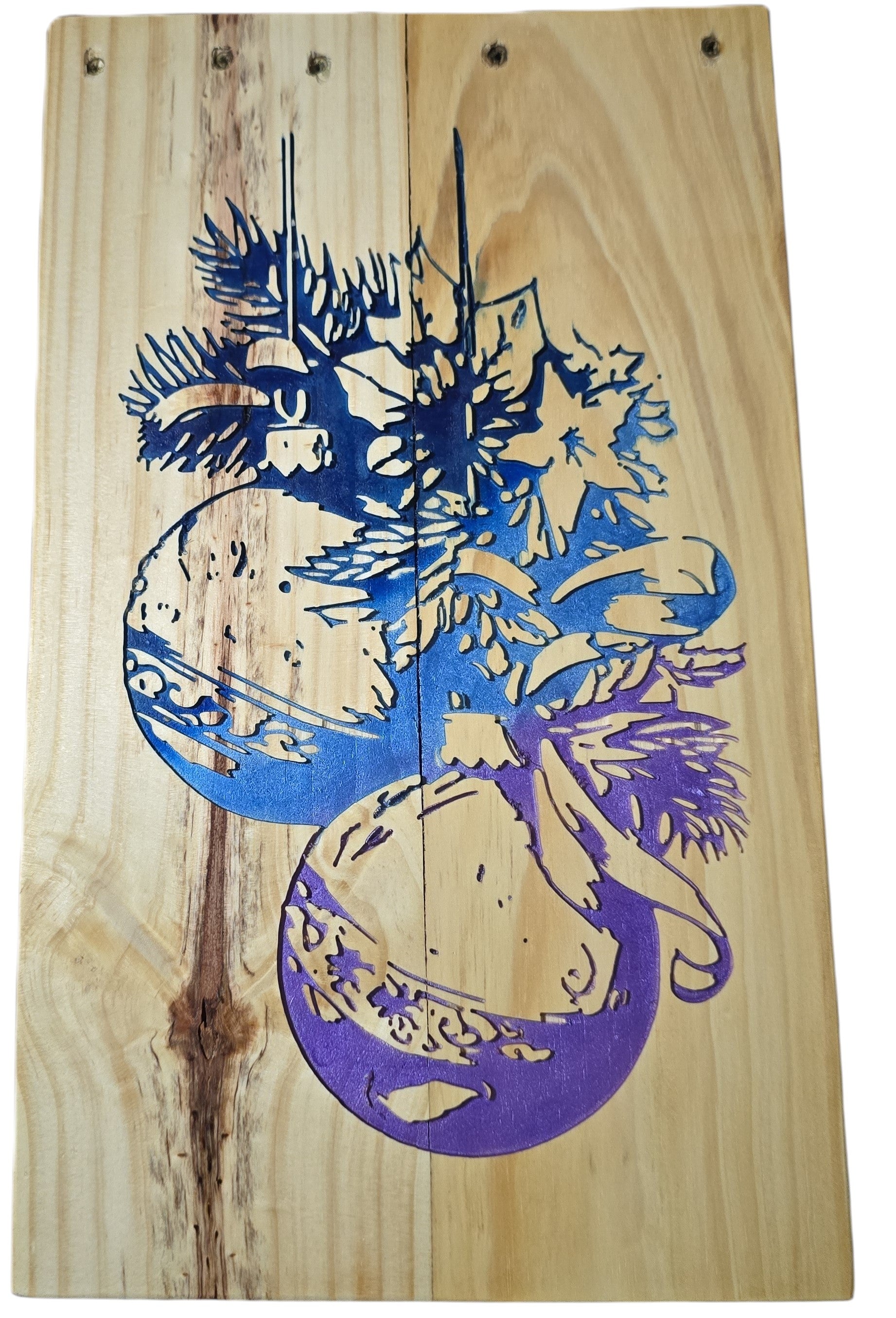 TK Wood Designs rustic Christmas Ball sign with blue and purple ornaments and pine branches on natural wood.