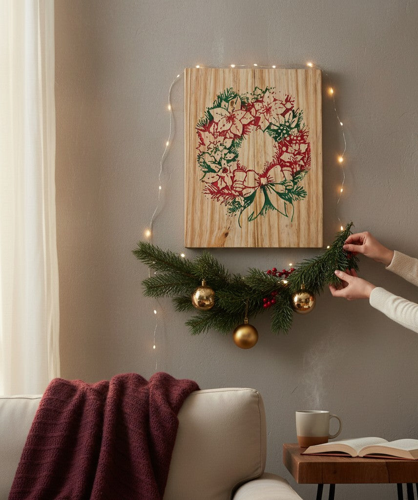 TK Wood Designs rustic Christmas wreath carved into wood with red poinsettias and green pine accents.