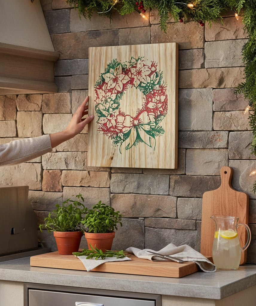 TK Wood Designs rustic Christmas wreath carved into wood, featuring red poinsettias and green pine boughs with a bow.