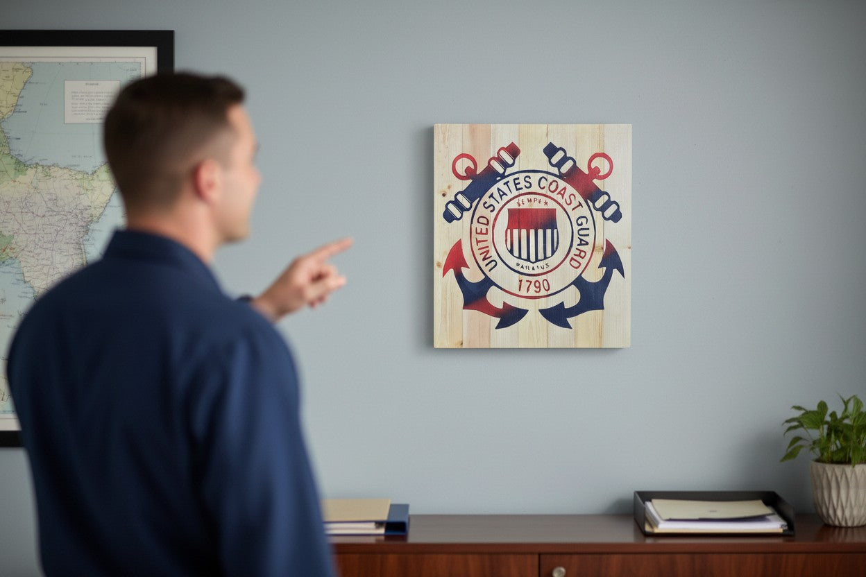 TK Wood Designs United States Coast Guard sign made from salvaged wood with anchors and cannons. Red, white, and blue.