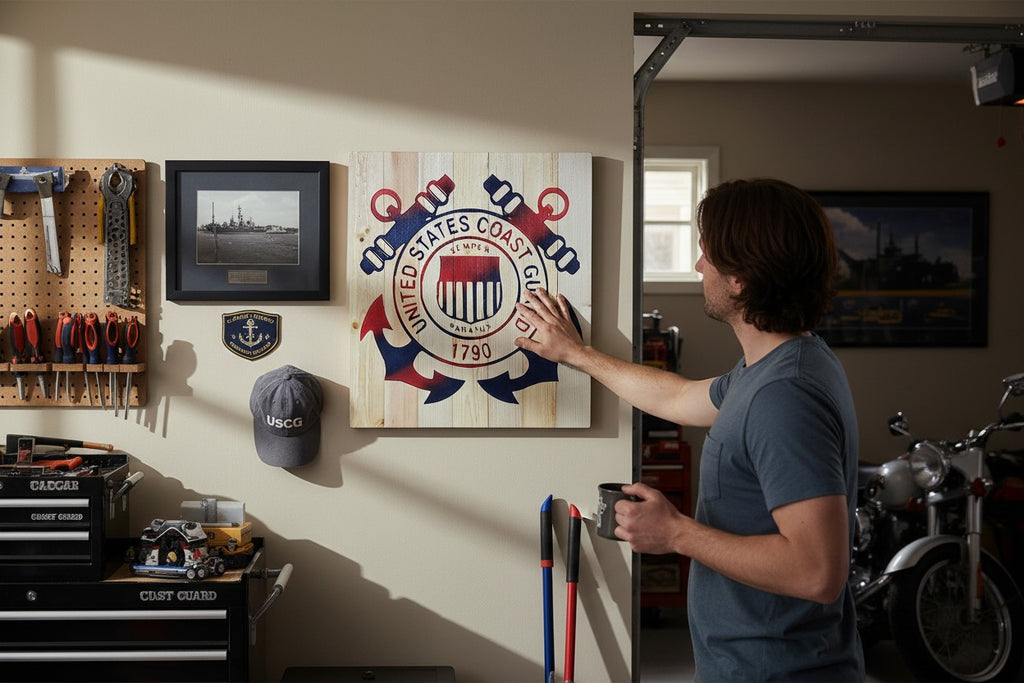 TK Wood Designs United States Coast Guard sign made from salvaged wood with anchors and cannons. Red, white, and blue.