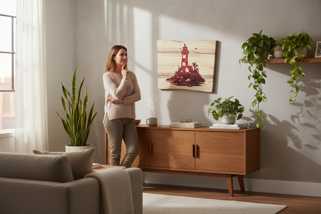 TK Wood Designs natural wood wall art featuring a red lighthouse on a rocky outcrop with seagulls.
